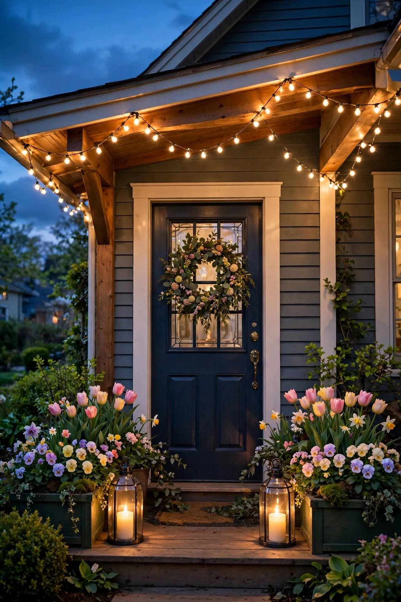 Spring porch at dusk with warm string lights, blooming planters, and lanterns glowing beside a front door