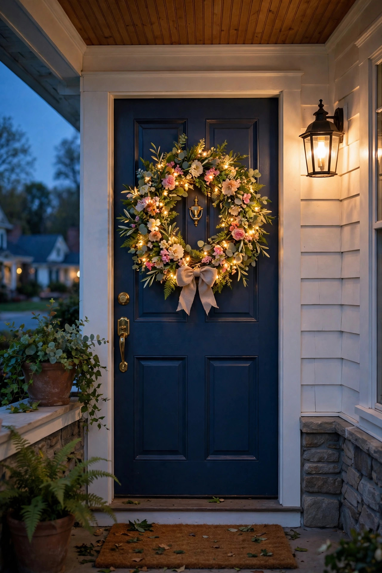 Glowing spring wreath with warm fairy lights and pastel flowers hanging on a front door at dusk