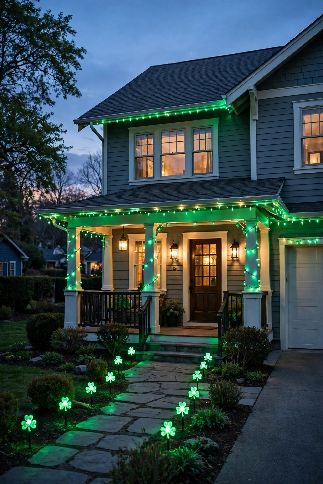 American suburban home at dusk decorated with emerald green St. Patrick's Day outdoor lighting, green string lights, shamrock path lights and glowing porch lanterns