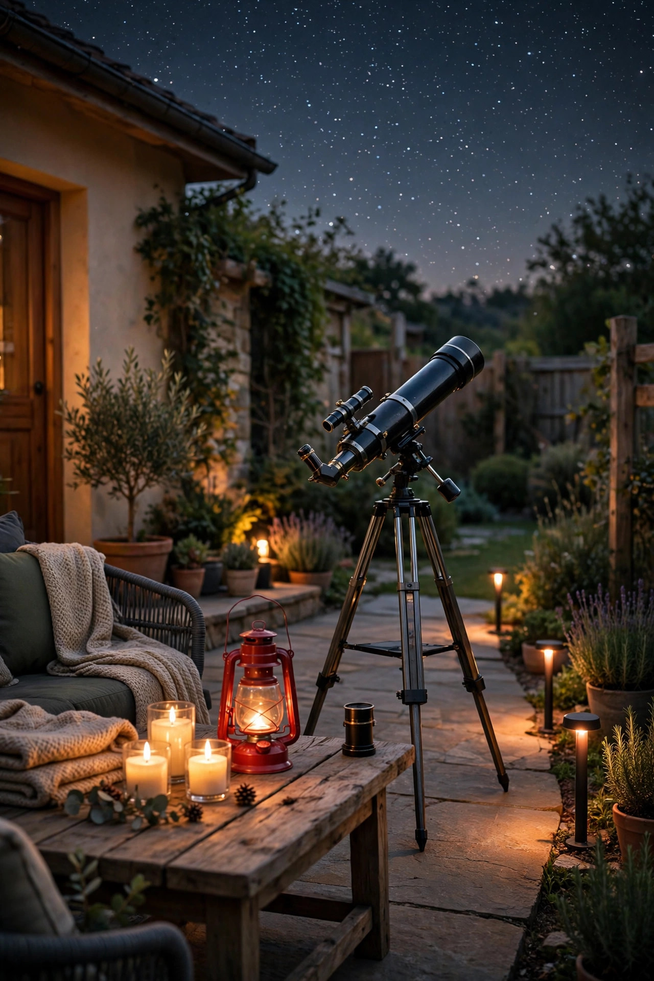 Cozy patio at night set up for stargazing with a telescope, dim amber path lights, a red lantern and flameless candles under a star-filled sky