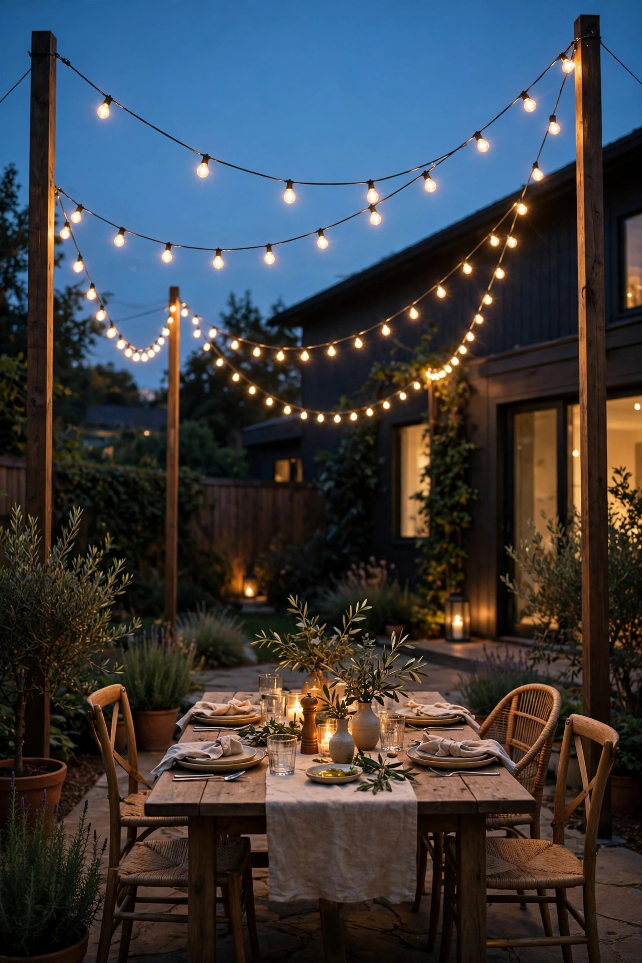 Backyard patio at dusk with warm string lights swooping between tall string light poles over a dining table
