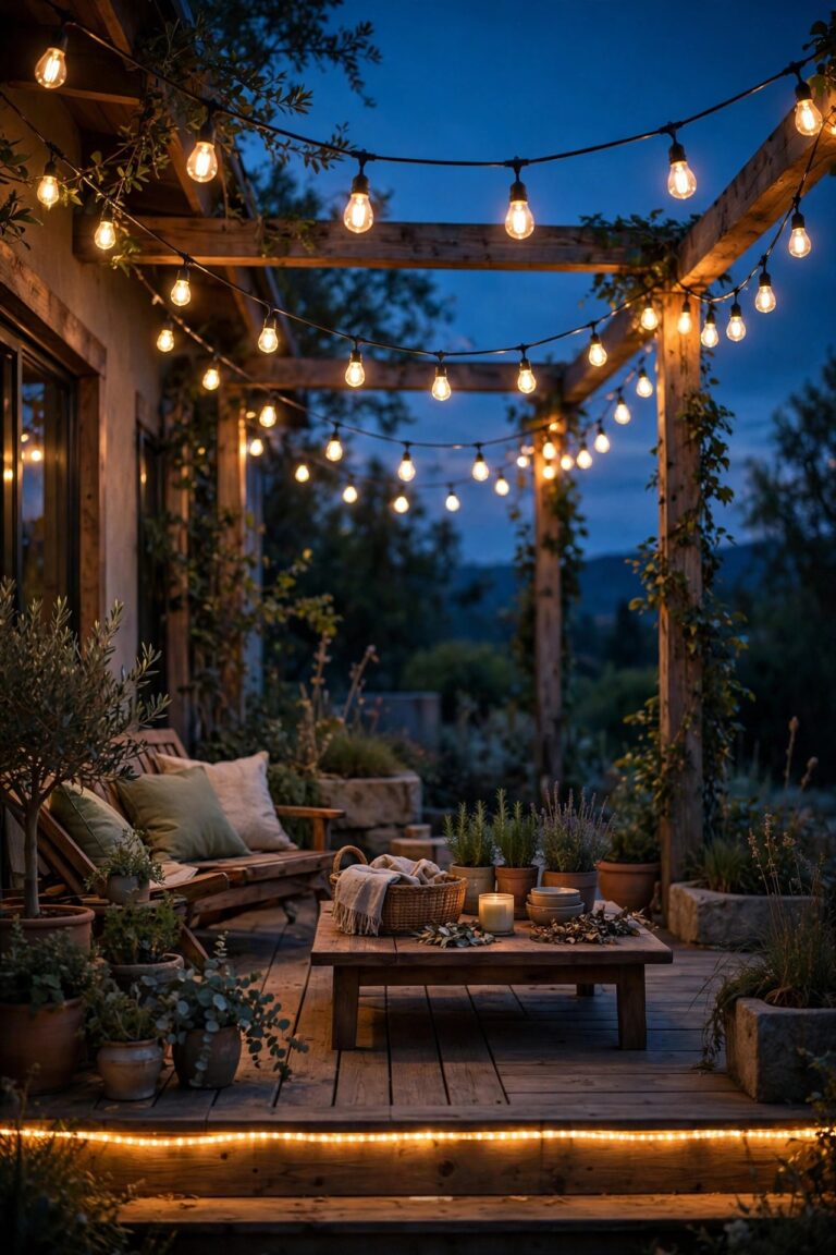 Warm dusk patio with exposed-bulb string lights swagged overhead and a continuous rope light glowing along the deck edge below