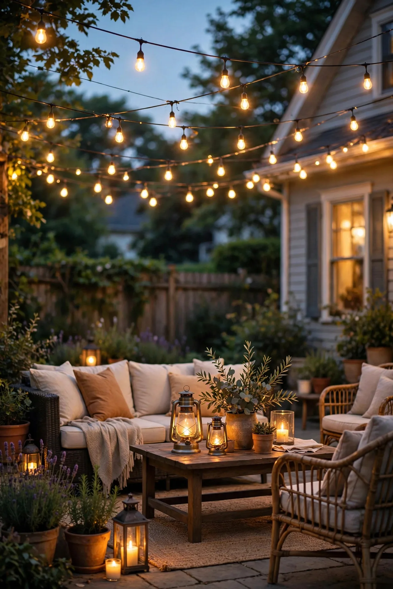 Cozy summer patio glowing at dusk with cafe string lights, lanterns, and warm outdoor lighting