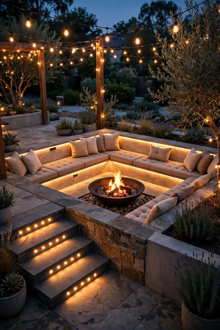 Sunken conversation pit at dusk with recessed step lights, glowing seat wall and warm string lights around a fire bowl