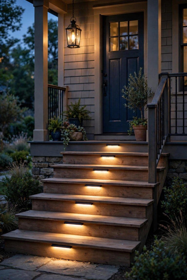 Front porch steps at dusk lit by slim surface mount step lights on every riser, warm glow layered with a porch lantern