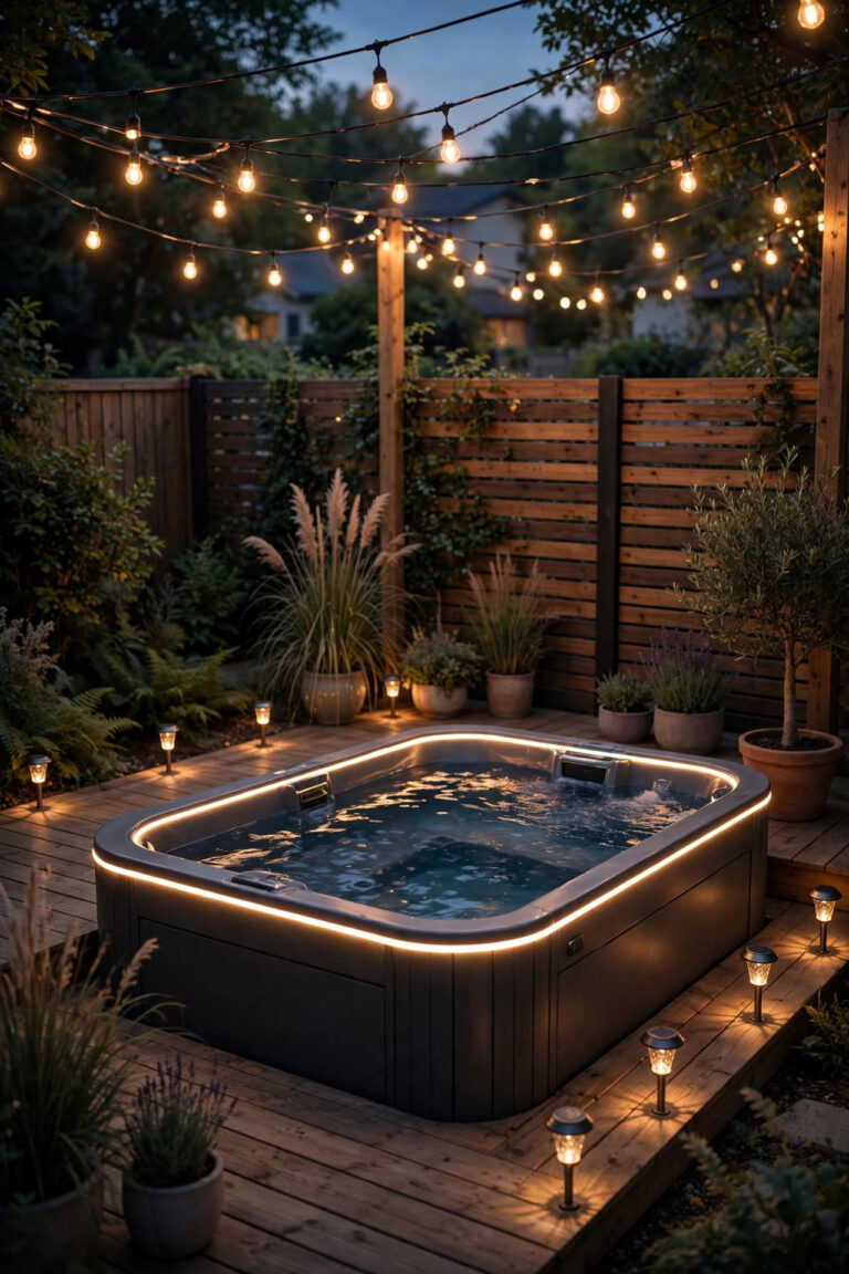 Compact backyard swim spa at dusk with warm LED rim lighting, string lights overhead and solar path lights along the deck