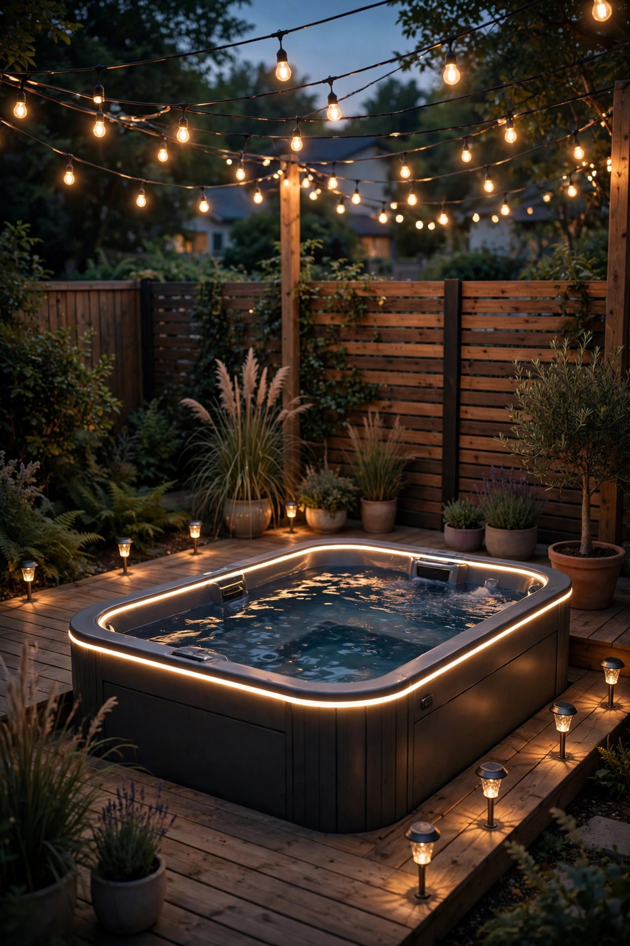 Compact backyard swim spa at dusk with warm LED rim lighting, string lights overhead and solar path lights along the deck
