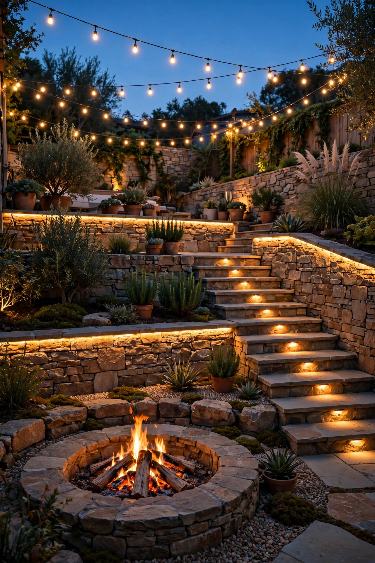 Terraced backyard fire pit at dusk with warm step lights on stone stairs, glowing retaining walls, and string lights across the upper level