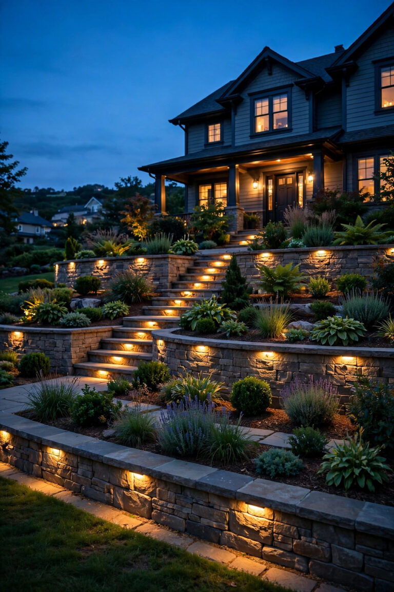 Terraced front yard at dusk with warm step lights, glowing retaining walls and layered garden lighting on every level