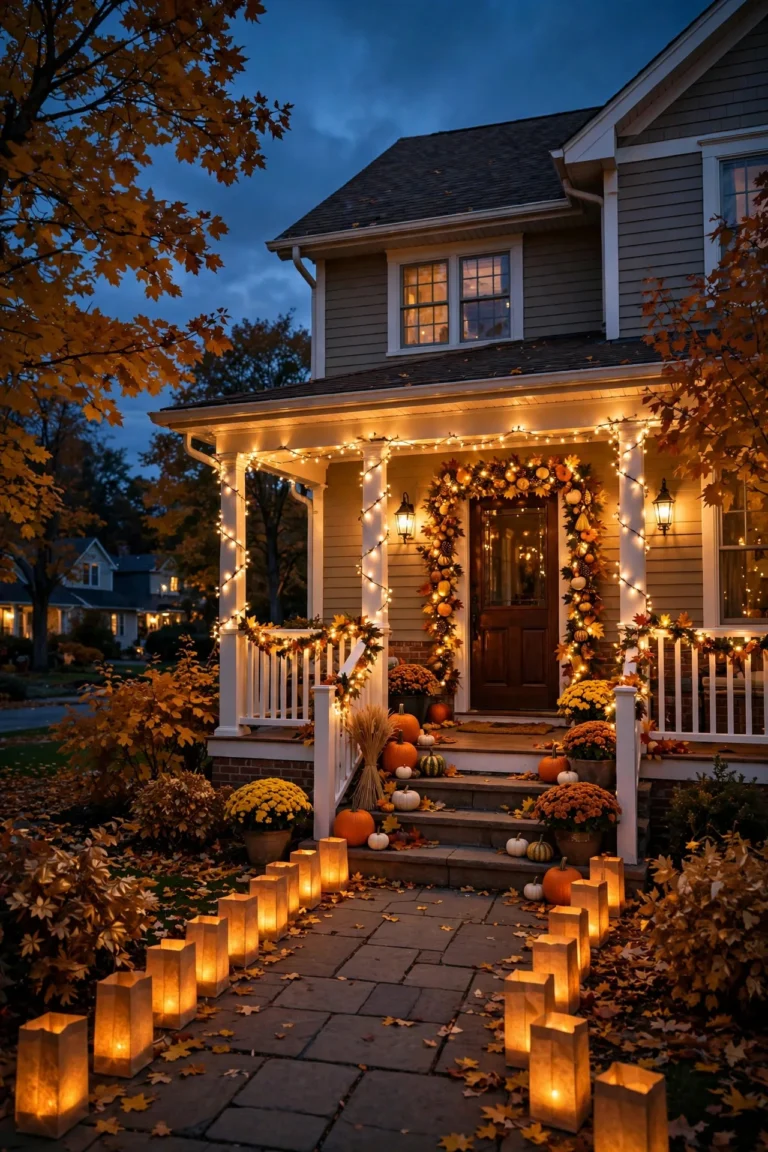 Welcoming home exterior glowing with warm amber thanksgiving outdoor lighting on porch and walkway at dusk