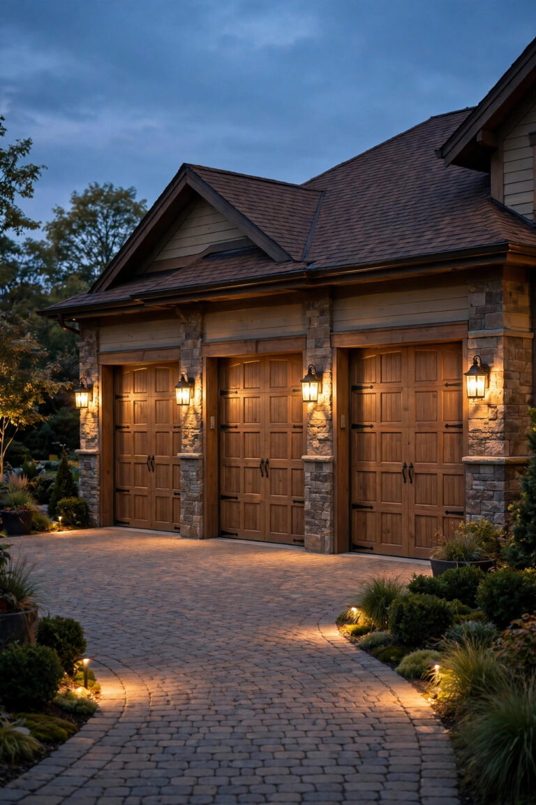 Wide three-car garage facade at dusk with warm carriage lanterns flanking each door and a softly lit driveway