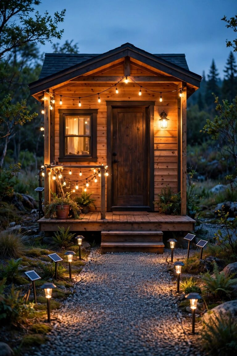 Tiny house at dusk with warm layered outdoor lighting, string lights over a small deck, a glowing door sconce, and solar path stakes along a short gravel walkway