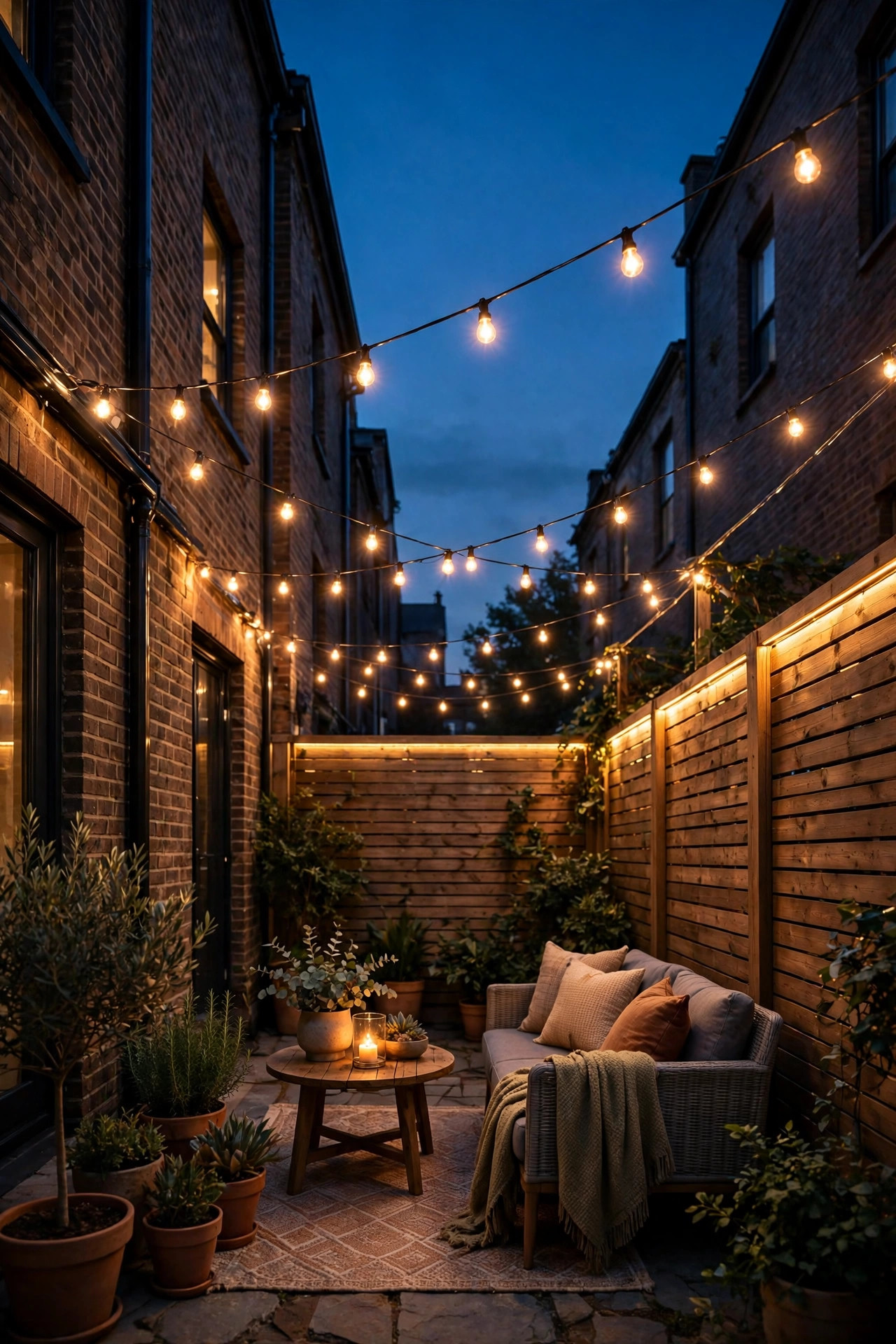 Narrow townhome backyard at dusk with zigzag string lights overhead, warm fence lighting and a cozy patio seating area