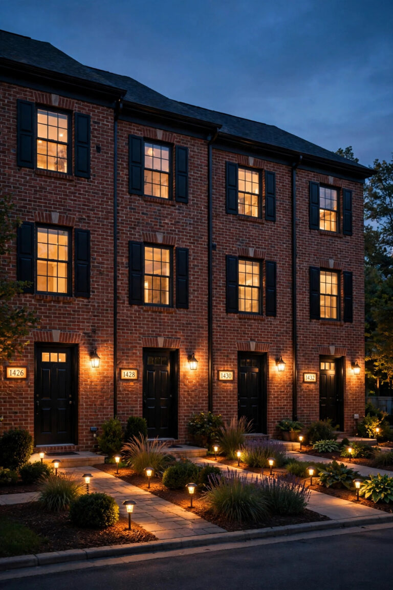 Row of brick townhomes at dusk with warm sconces, solar path lights and glowing house numbers in small front yards