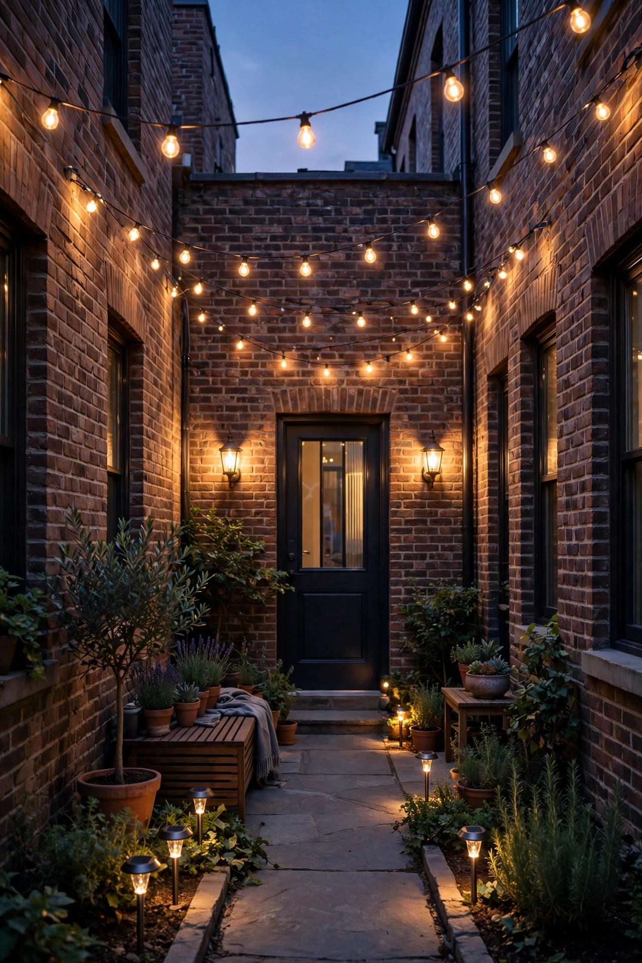 Narrow townhome patio at dusk with warm string lights overhead, glowing wall sconces by the back door and solar path lights along the edge