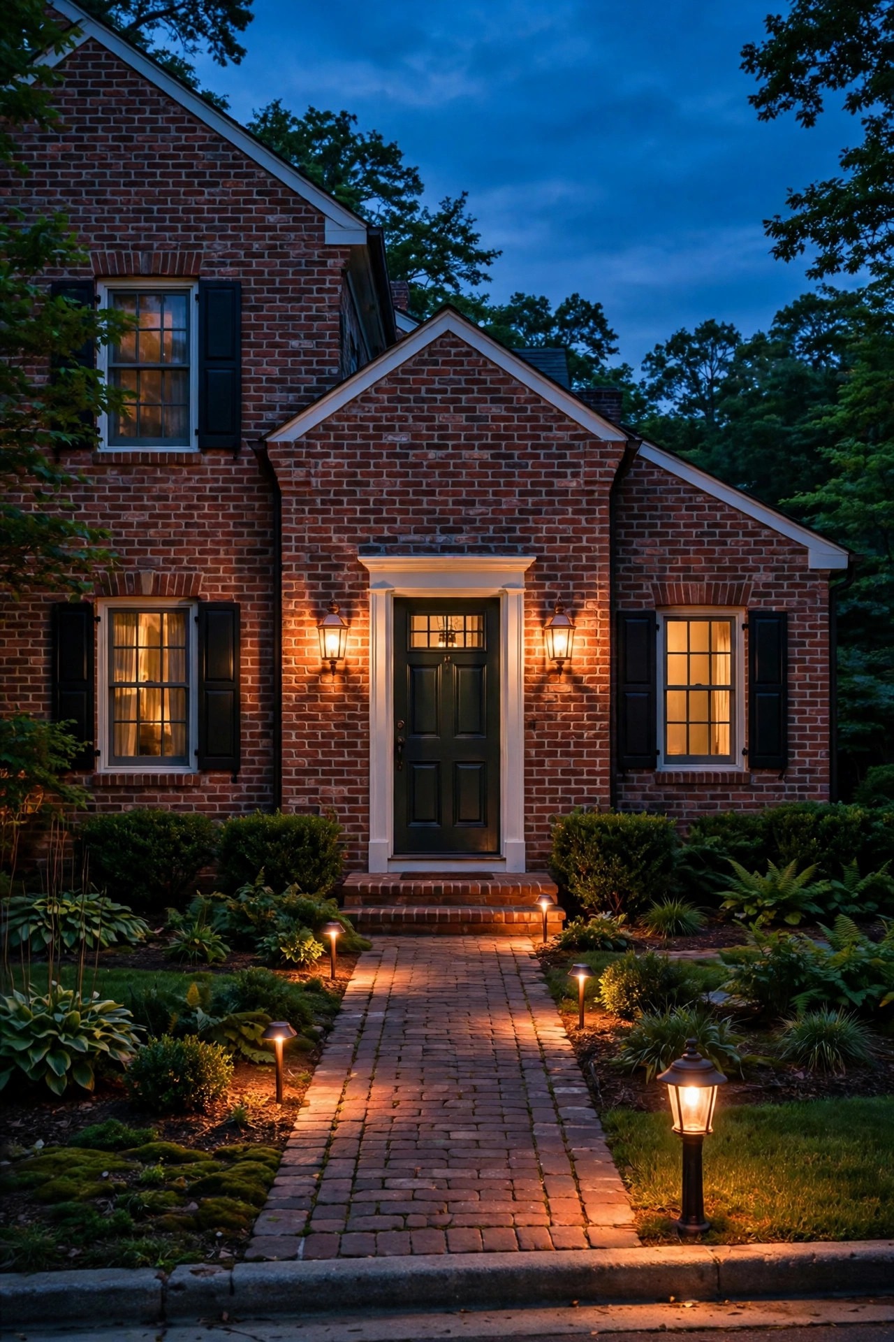 Traditional front yard lighting ideas on a classic brick home at dusk, lantern sconces flanking the front door, copper path lights along the walkway and a warm post light at the curb