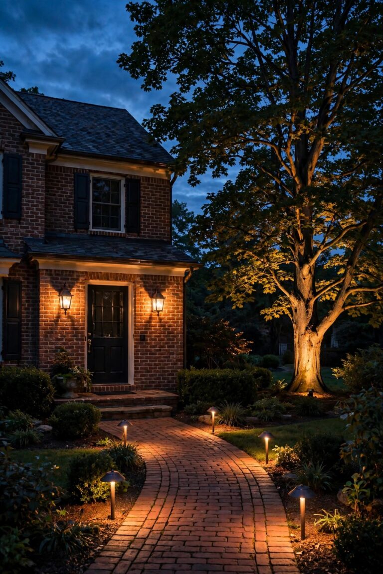 Traditional outdoor lighting ideas on a classic brick home at dusk, with a lantern sconce pair at the front door, copper path lights along the walkway, and a warmly uplit tree