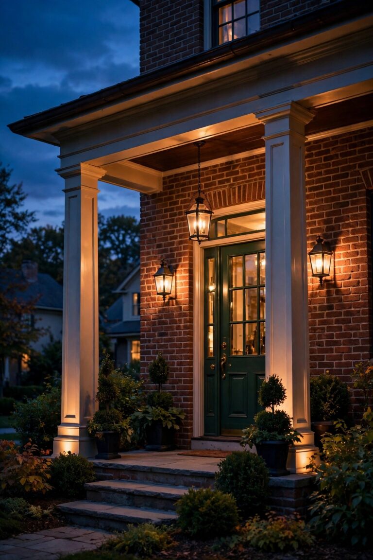 Traditional porch lighting ideas on a classic brick home at dusk, with a lantern sconce pair at the front door, a chain-hung carriage pendant, and warmly lit porch columns