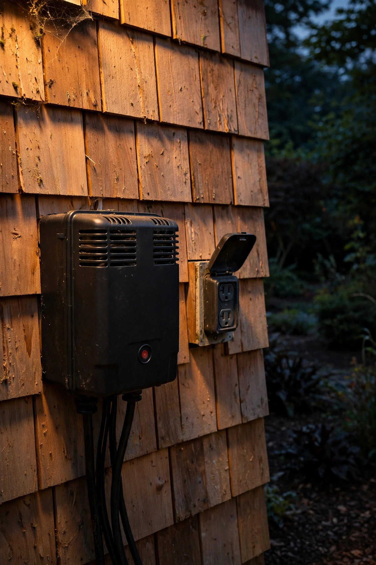 Low-voltage landscape lighting transformer mounted by an outdoor outlet at dusk with a dark garden beyond it, its small circuit breaker reset button visible