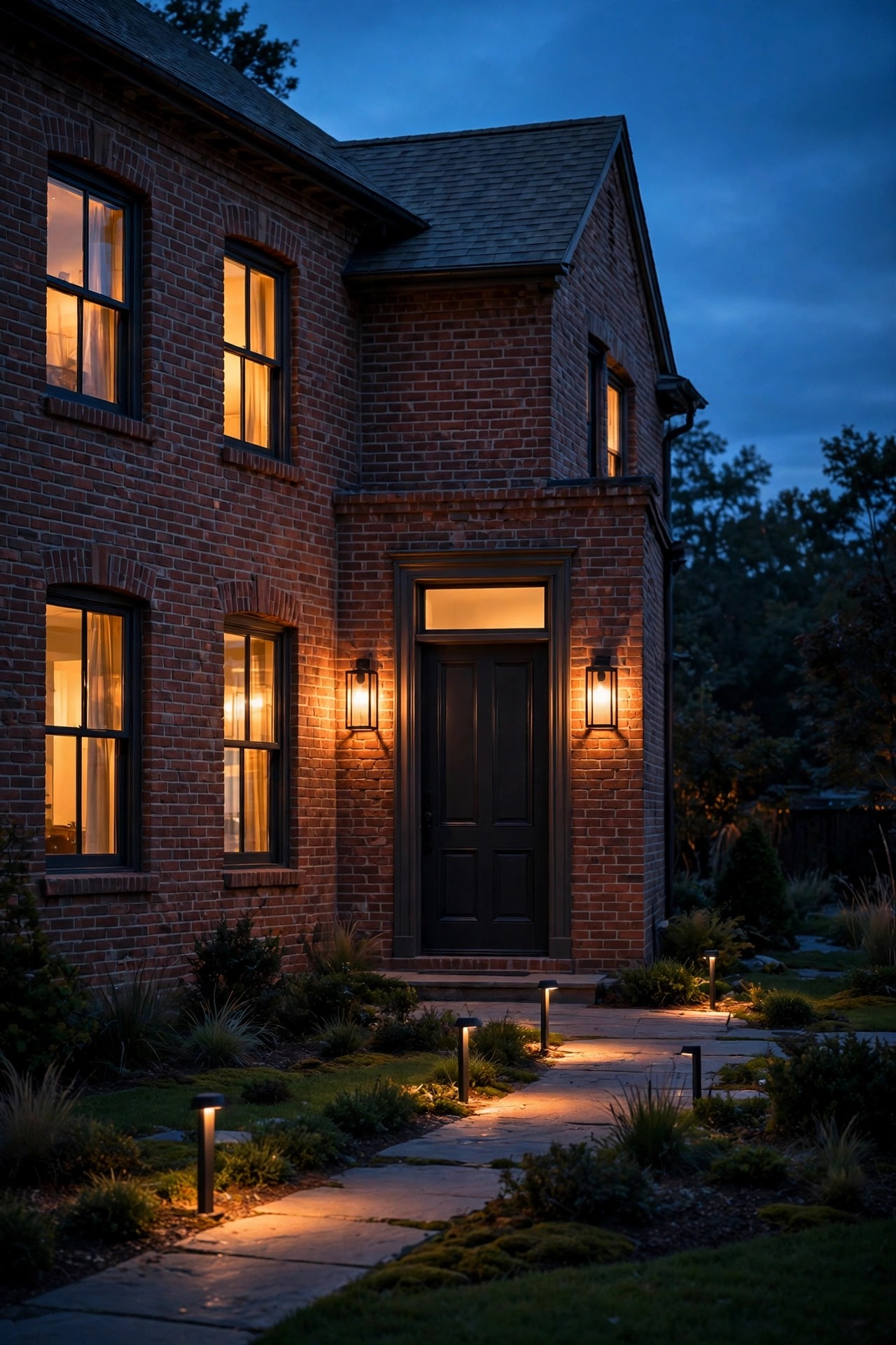 Transitional outdoor lighting ideas on a classic brick home at dusk, with simplified lantern sconces, low modern path lights, and warm layered glow