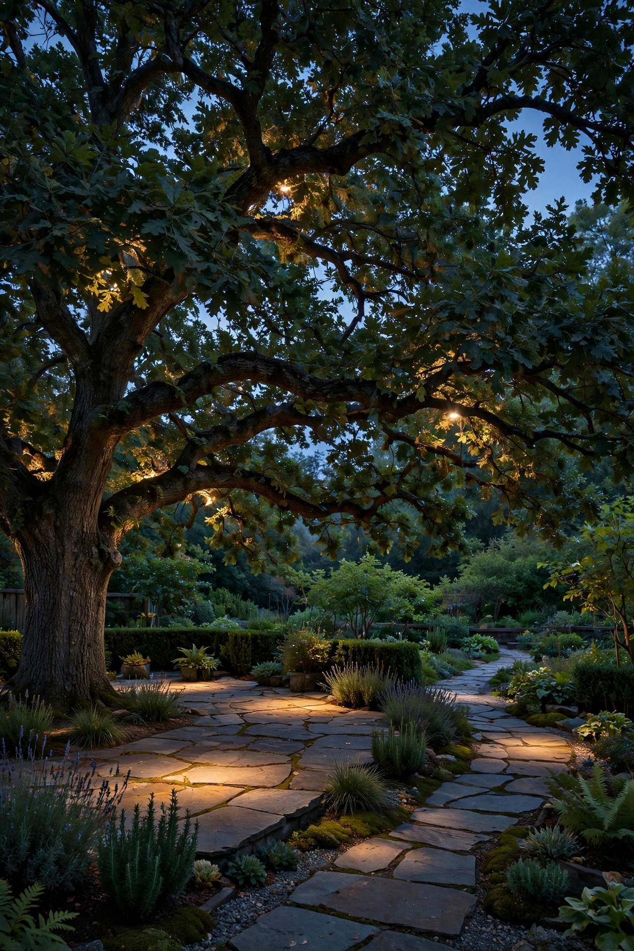 Mature oak tree at dusk with warm downlights hidden in the canopy casting soft moonlit pools of light over a patio and garden path