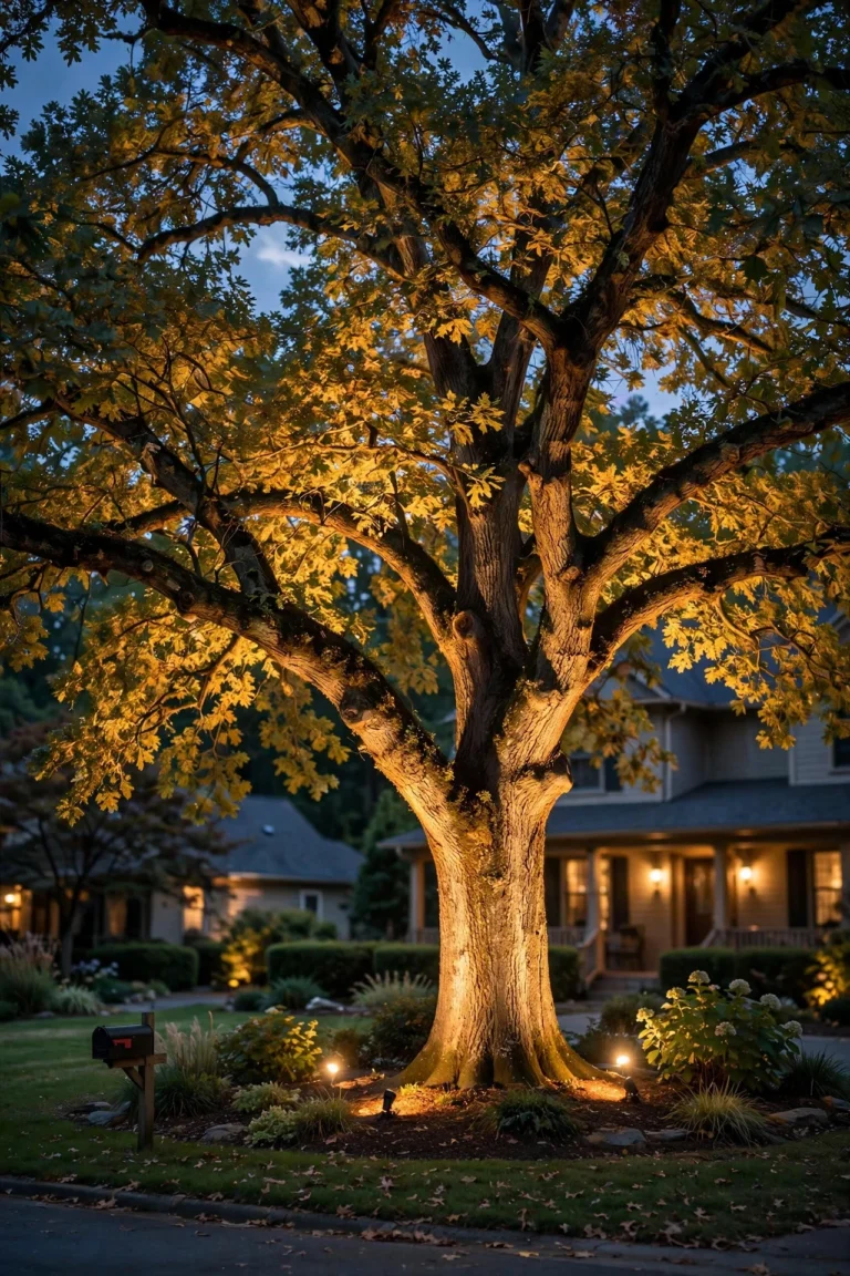 Large oak tree dramatically uplit with warm spotlights at dusk, glowing bark and canopy in a suburban front yard