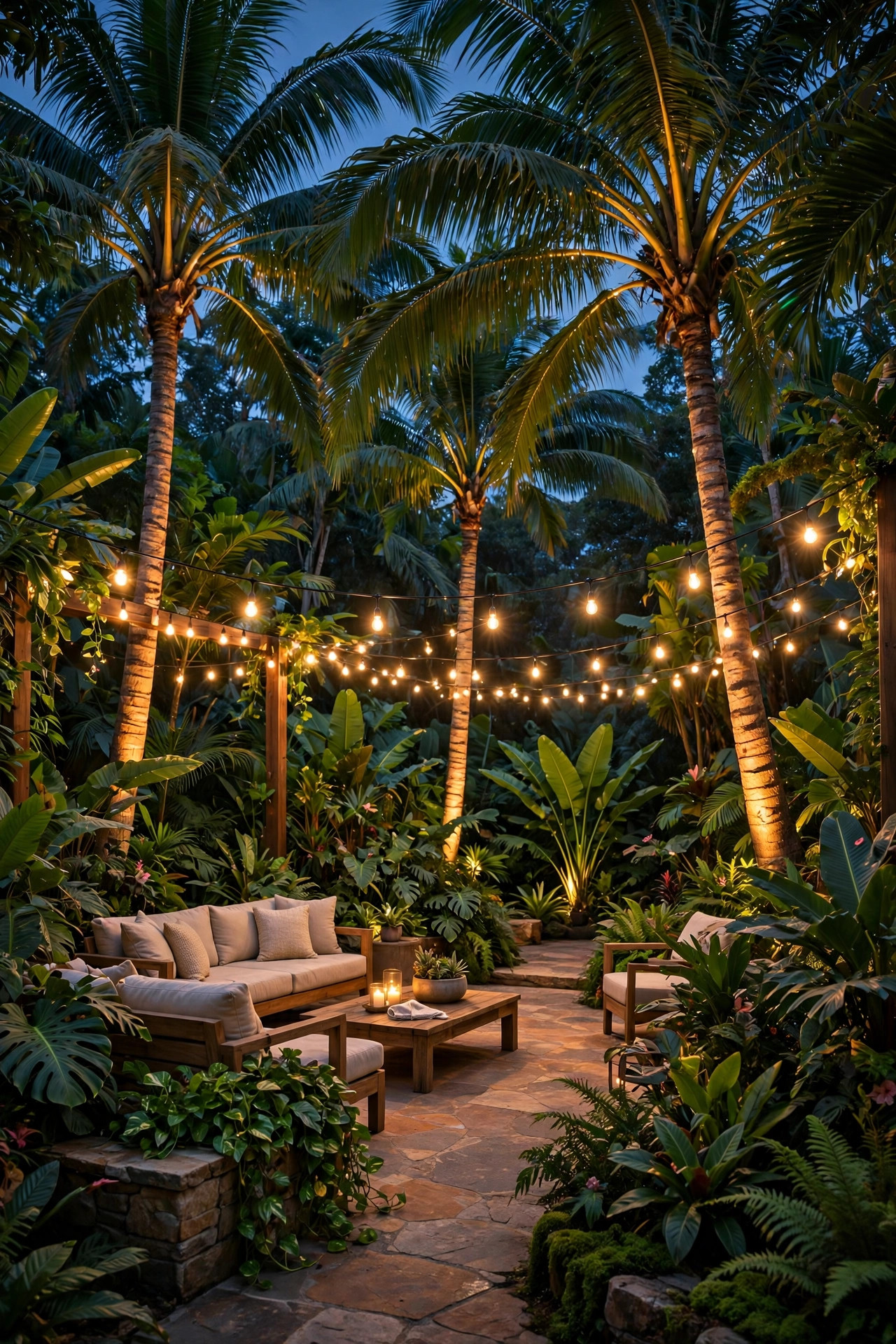 Lush tropical backyard at dusk with uplighted palm trees, warm string lights and a glowing patio surrounded by dense green foliage