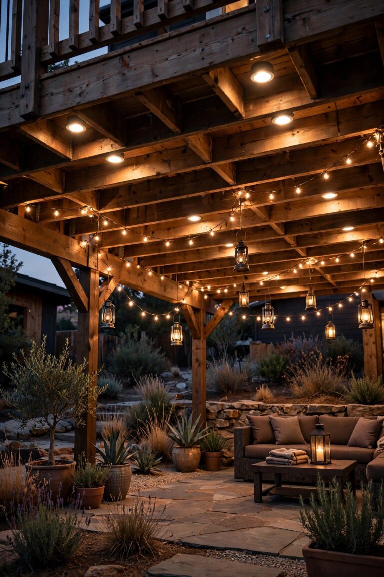 Dry patio beneath a raised deck at dusk layered with recessed puck lights, warm string lights and lantern glow, under deck lighting ideas