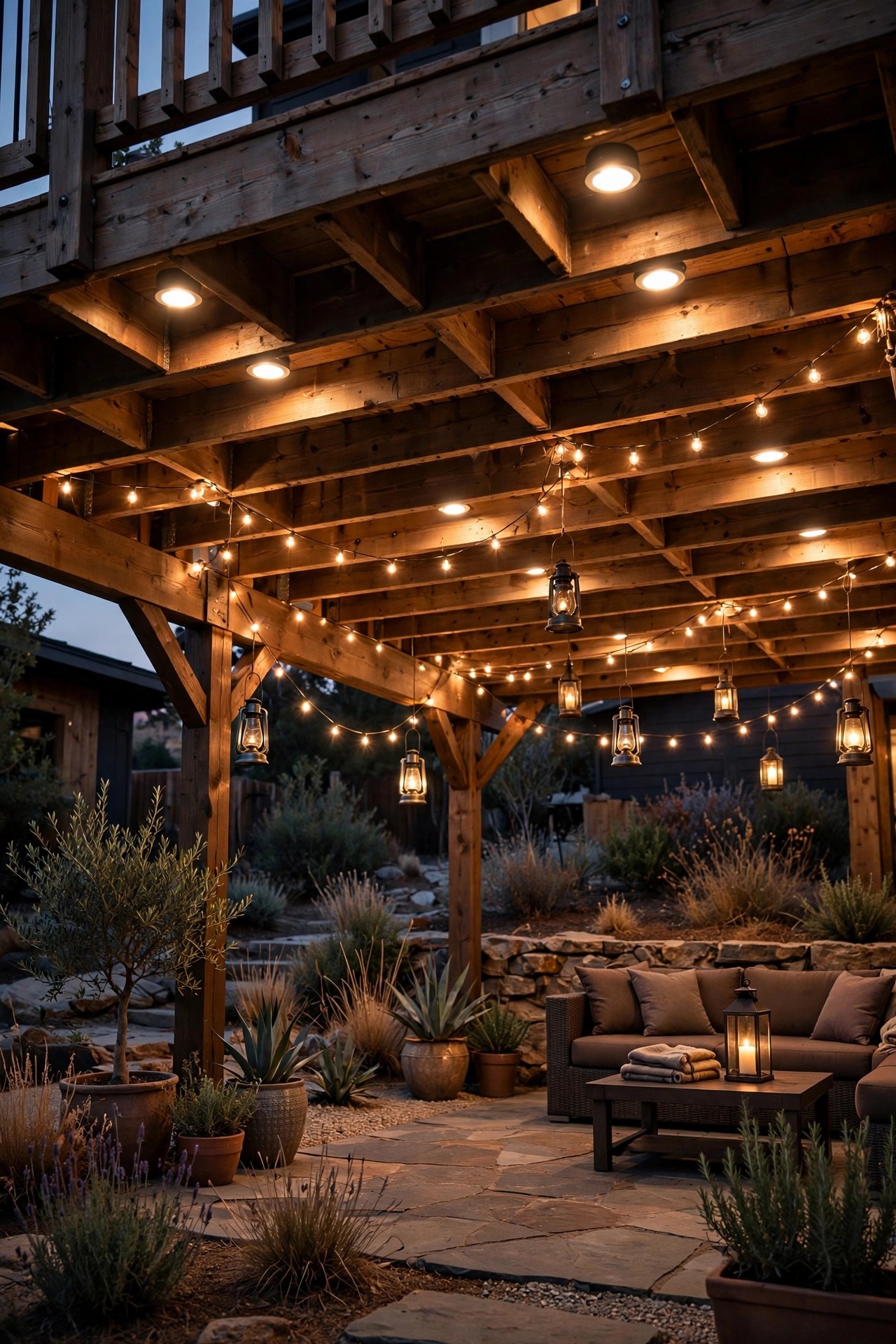 Dry patio beneath a raised deck at dusk layered with recessed puck lights, warm string lights and lantern glow, under deck lighting ideas
