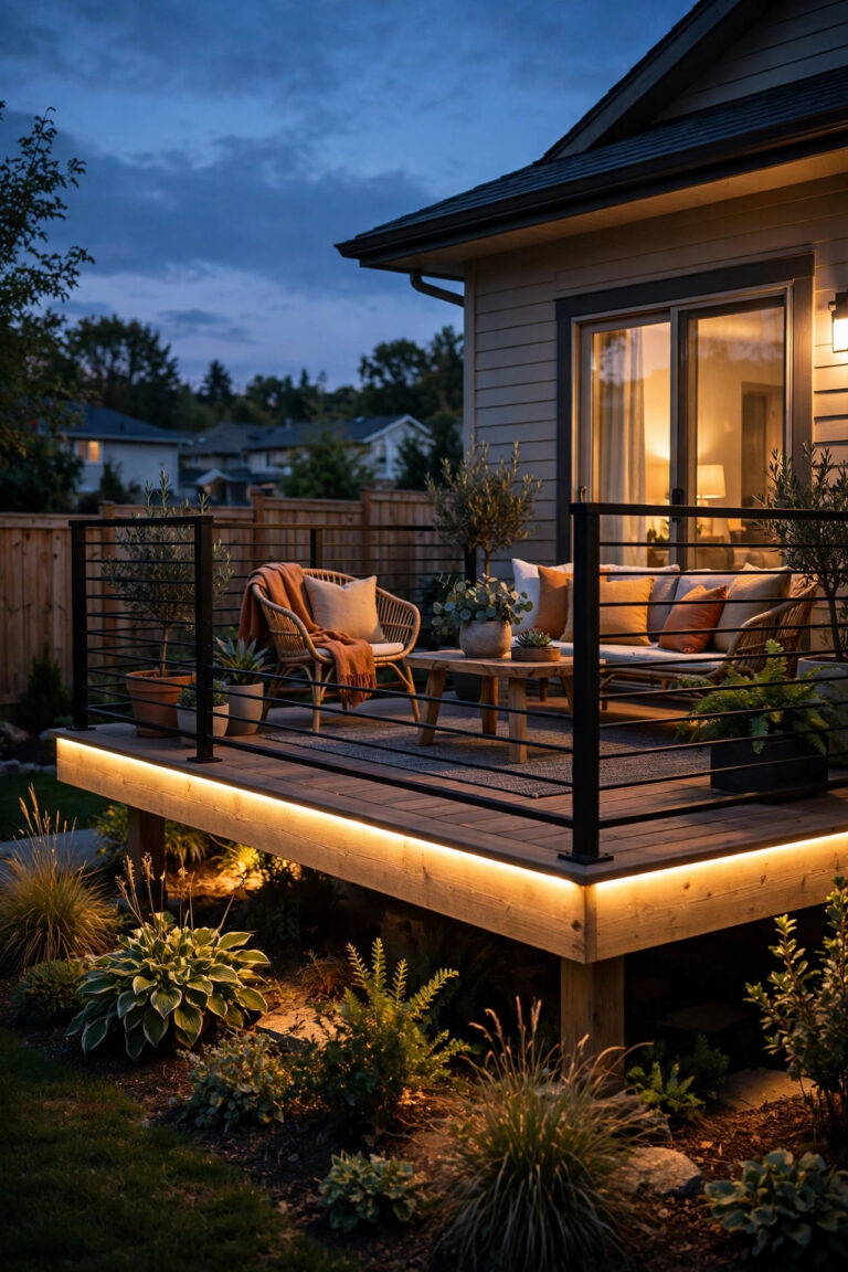 Deck at dusk glowing with warm under rail LED strip lighting for a floating deck effect