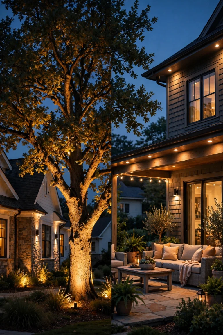 Split view of a suburban home at dusk showing uplighting on a tree and downlighting on a patio, uplighting vs downlighting comparison