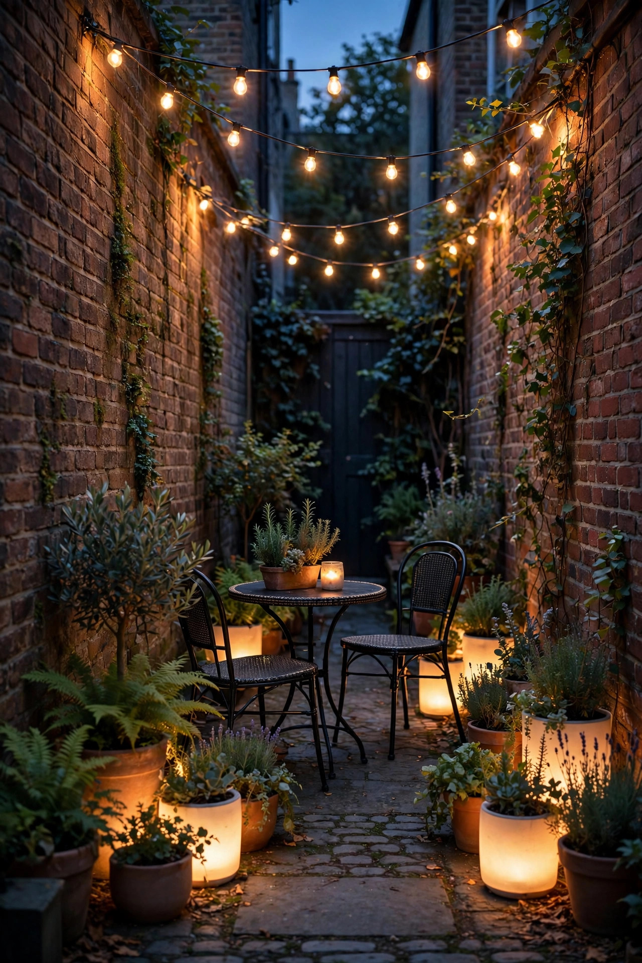 Narrow urban backyard at dusk with warm string lights overhead, glowing planters and a cozy bistro set between brick walls