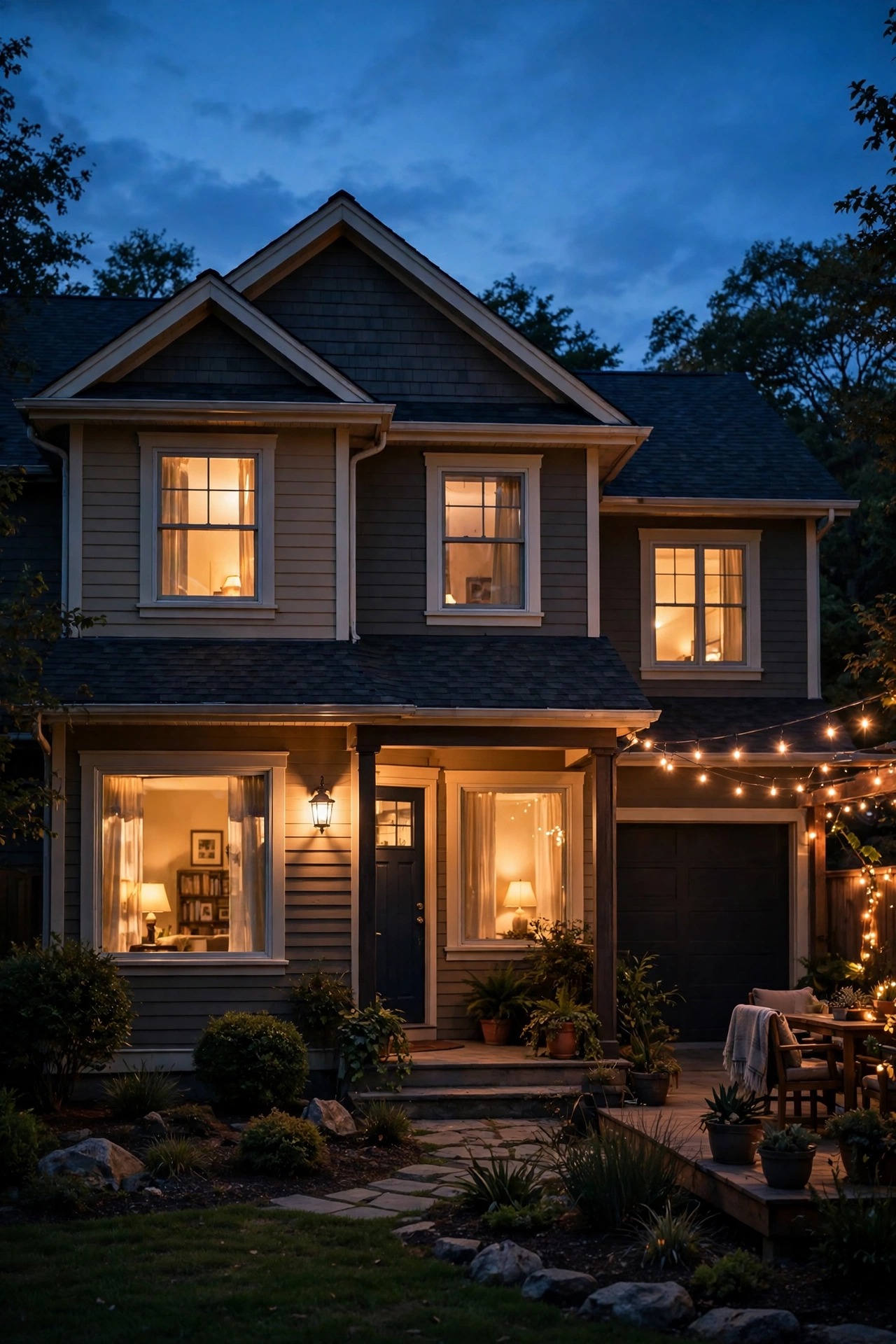 Warm lived-in glow from a suburban home at dusk with porch light, window lamps, and patio string lights all lit at slightly different levels