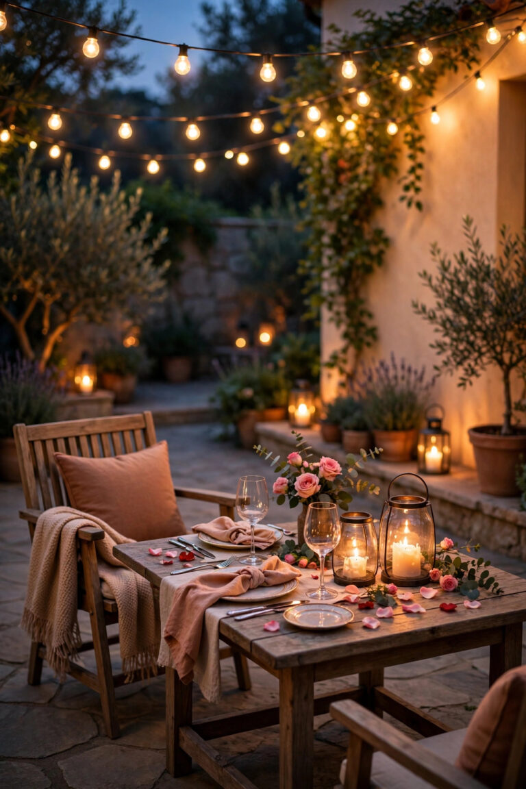 Romantic patio at dusk with warm string lights overhead, candle lanterns on a table for two, and soft valentines day patio lighting ideas throughout