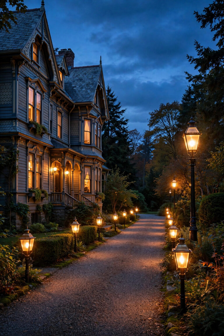 Victorian house driveway at dusk lined with warm carriage lanterns and a glowing lamppost, gaslight style