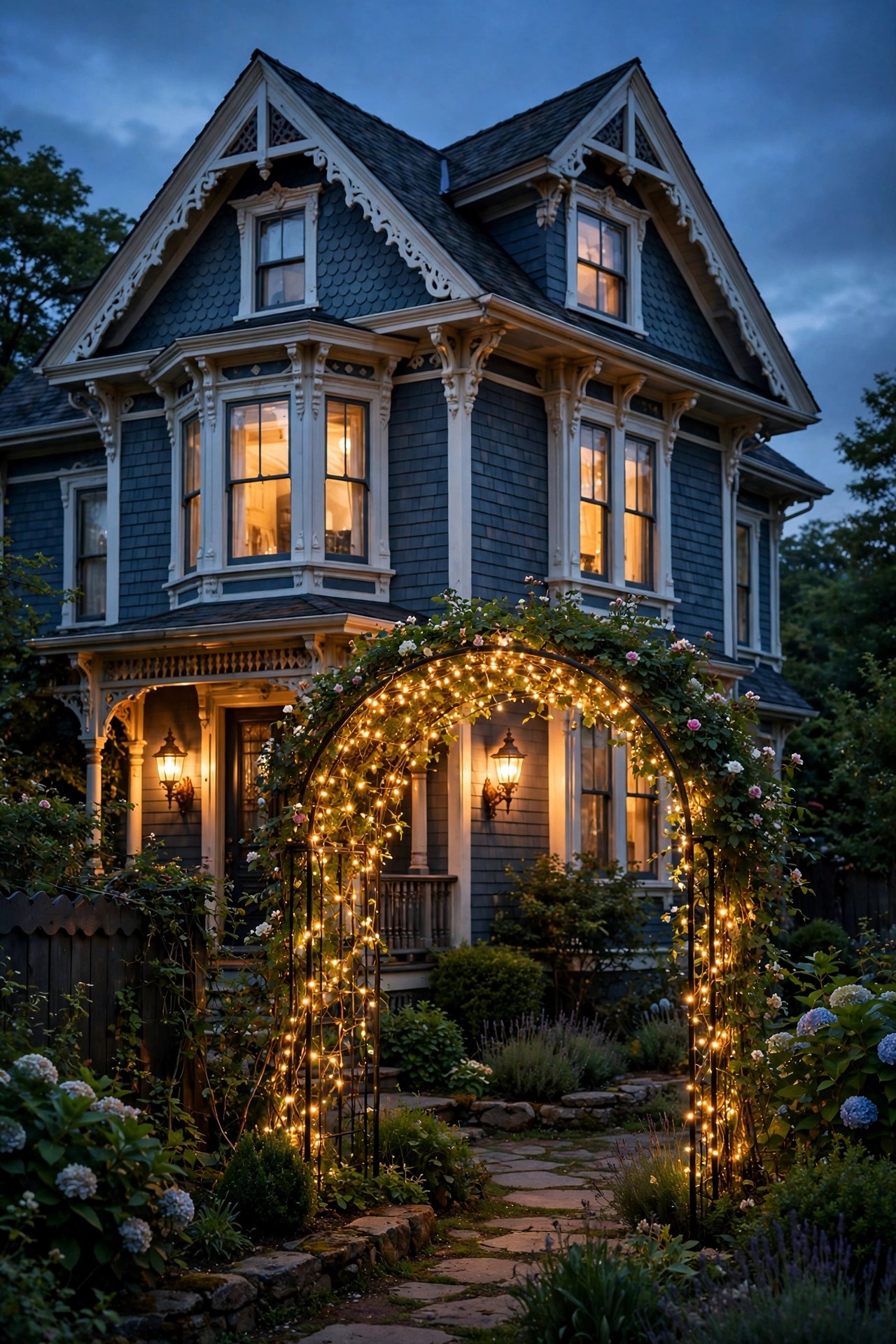 Victorian house at dusk with warm gas-style lanterns, ornate sconces, and a fairy-lit garden arch