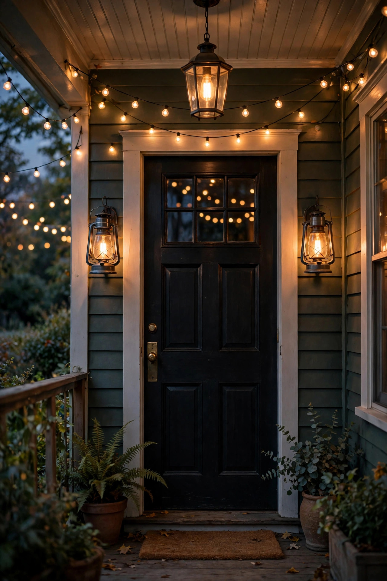 Front porch at dusk with vintage filament bulbs glowing amber in clear-glass lanterns beside the door, a ceiling pendant and soft string lights layered behind