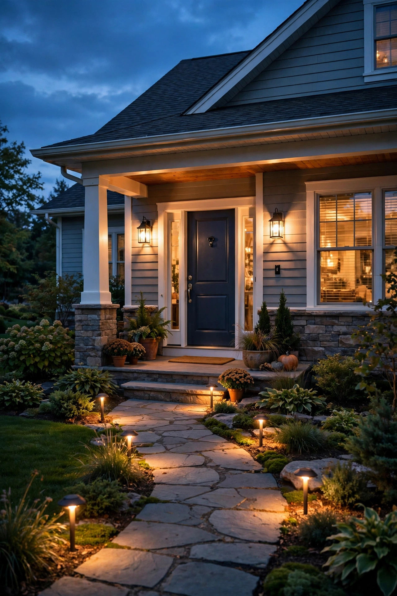 Warm front porch and path lights glowing at dusk on a suburban home, voice controlled outdoor lighting welcoming you home