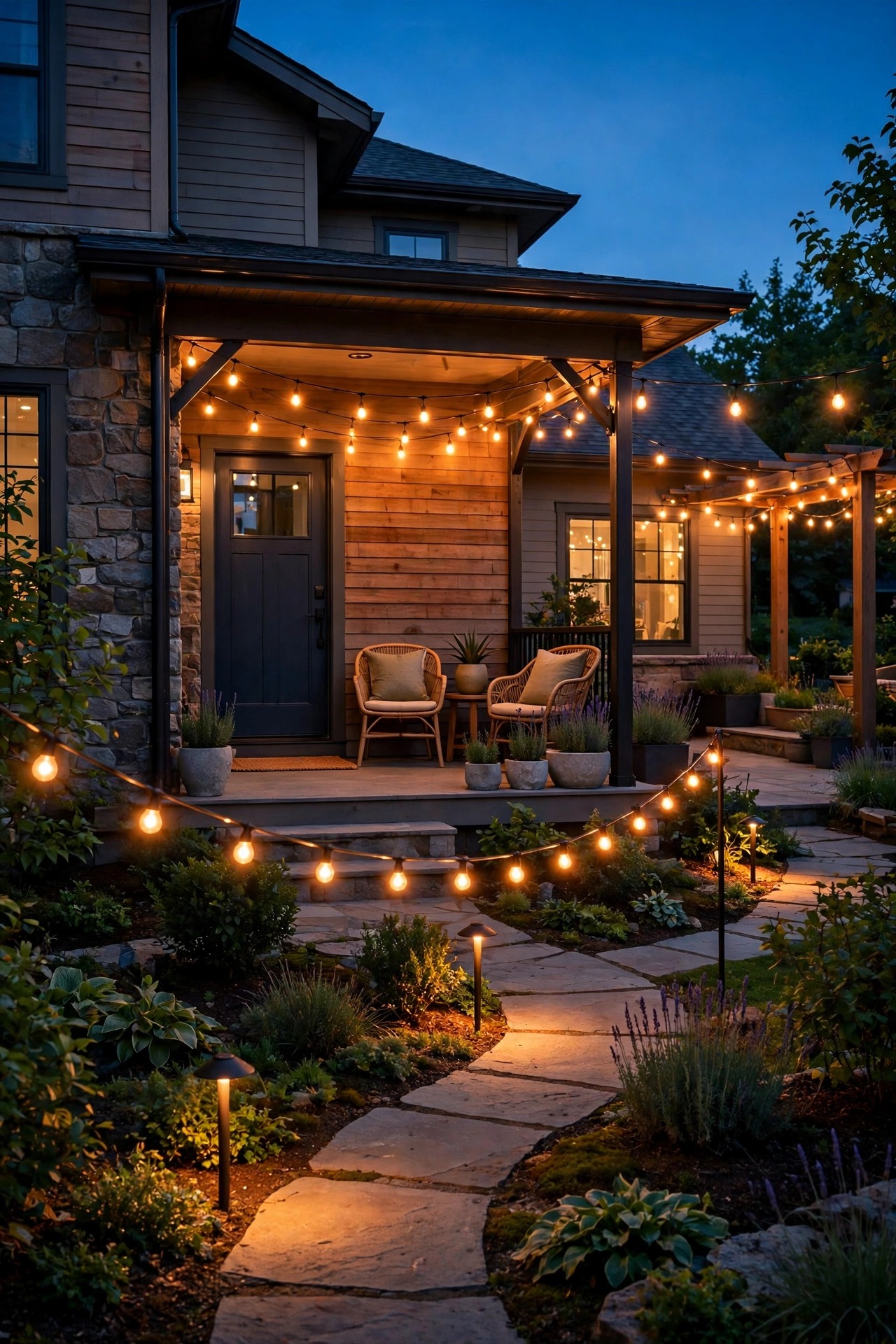 Front porch, path and patio string lights glowing warm at dusk on a suburban home, voice controlled outdoor lighting after a sunset routine