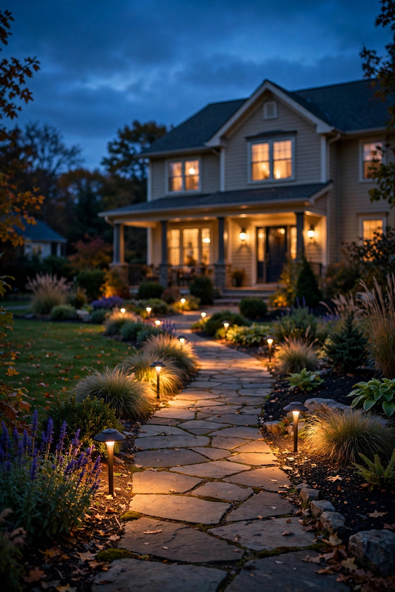 Warm glowing walkway lights lining a stone garden path at dusk