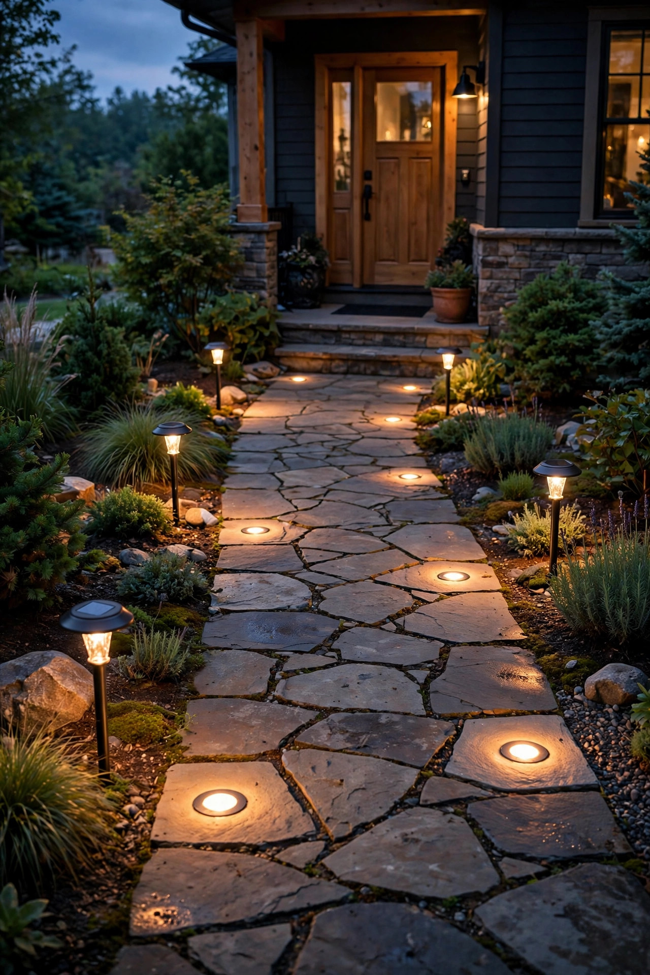 Stone walkway at dusk lit by warm solar stake lights and low-profile disc lights, no wires in sight
