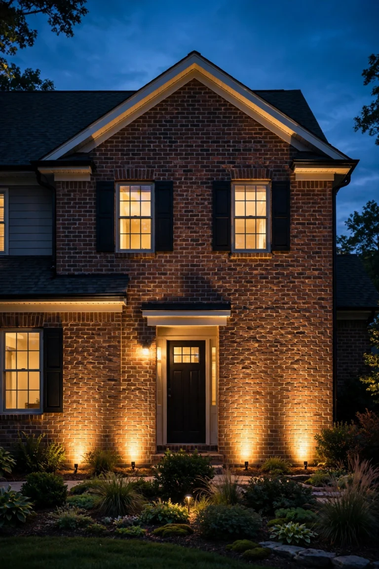 Warmly lit brick house exterior at dusk with wall washing landscape lights glowing up the facade