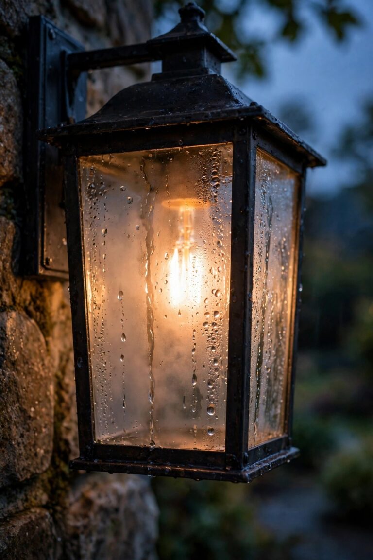 Close-up of a porch wall lantern at dusk with water droplets and condensation inside the glass, warm light glowing through