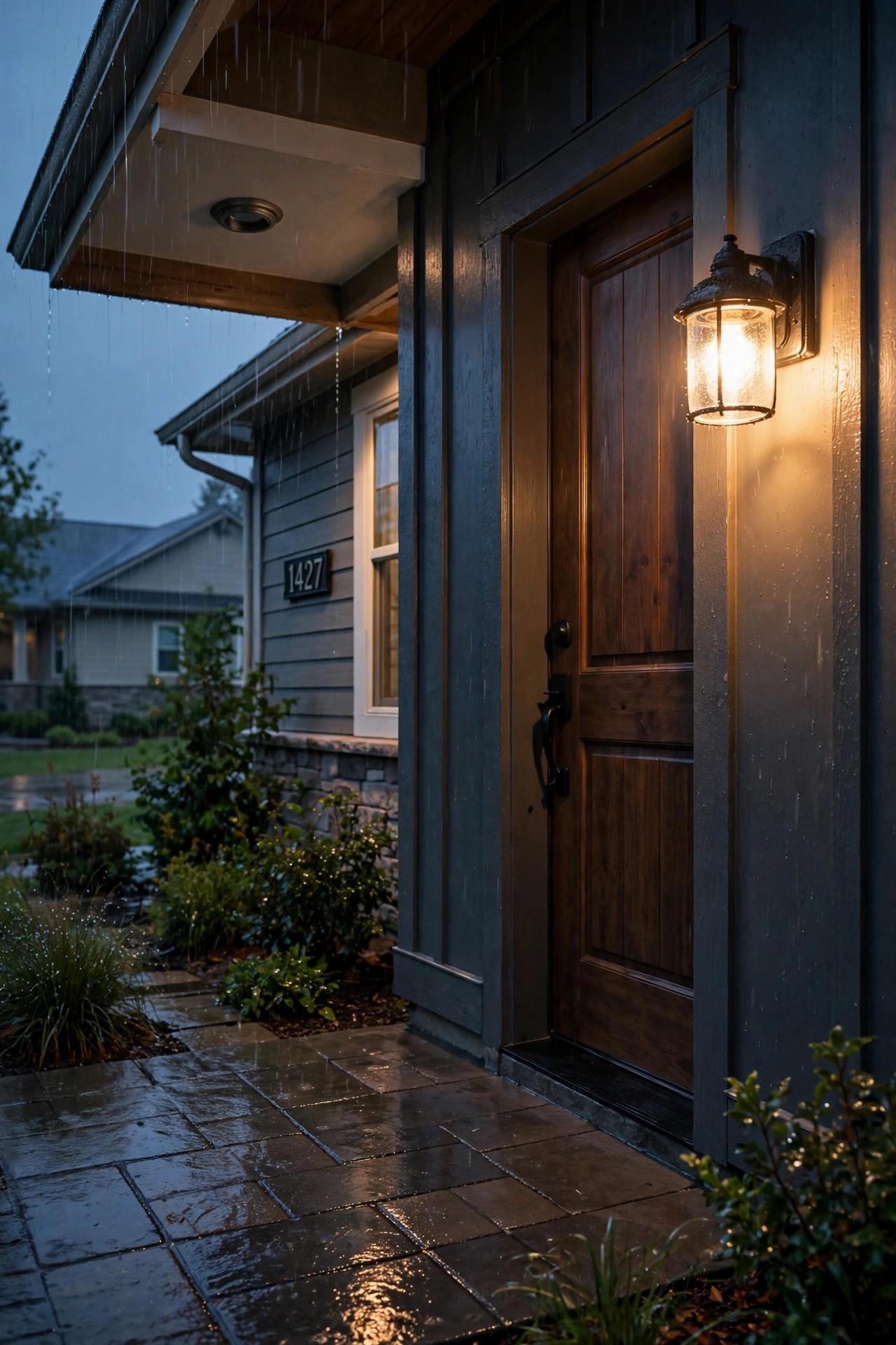 Wet vs damp location light fixtures on a suburban home at dusk, a sealed wet-rated sconce glowing beside the front door while rain glistens on the walkway