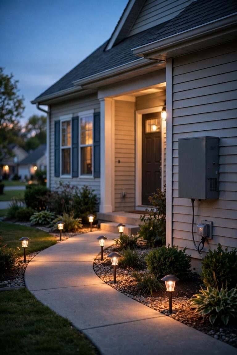 Warm dusk view of a suburban home front with glowing low-voltage path lights along the walkway and a wall-mounted transformer plugged into a covered outdoor outlet beside the porch