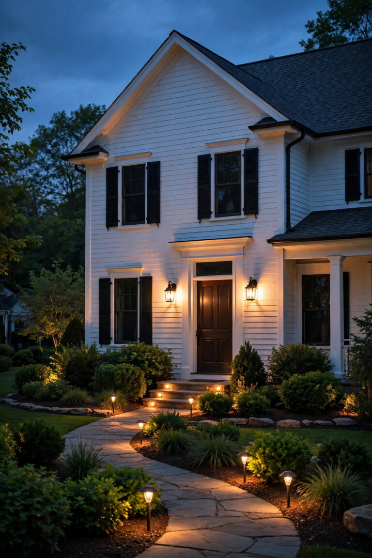 White house curb appeal lighting with warm wall wash and path lights glowing at dusk
