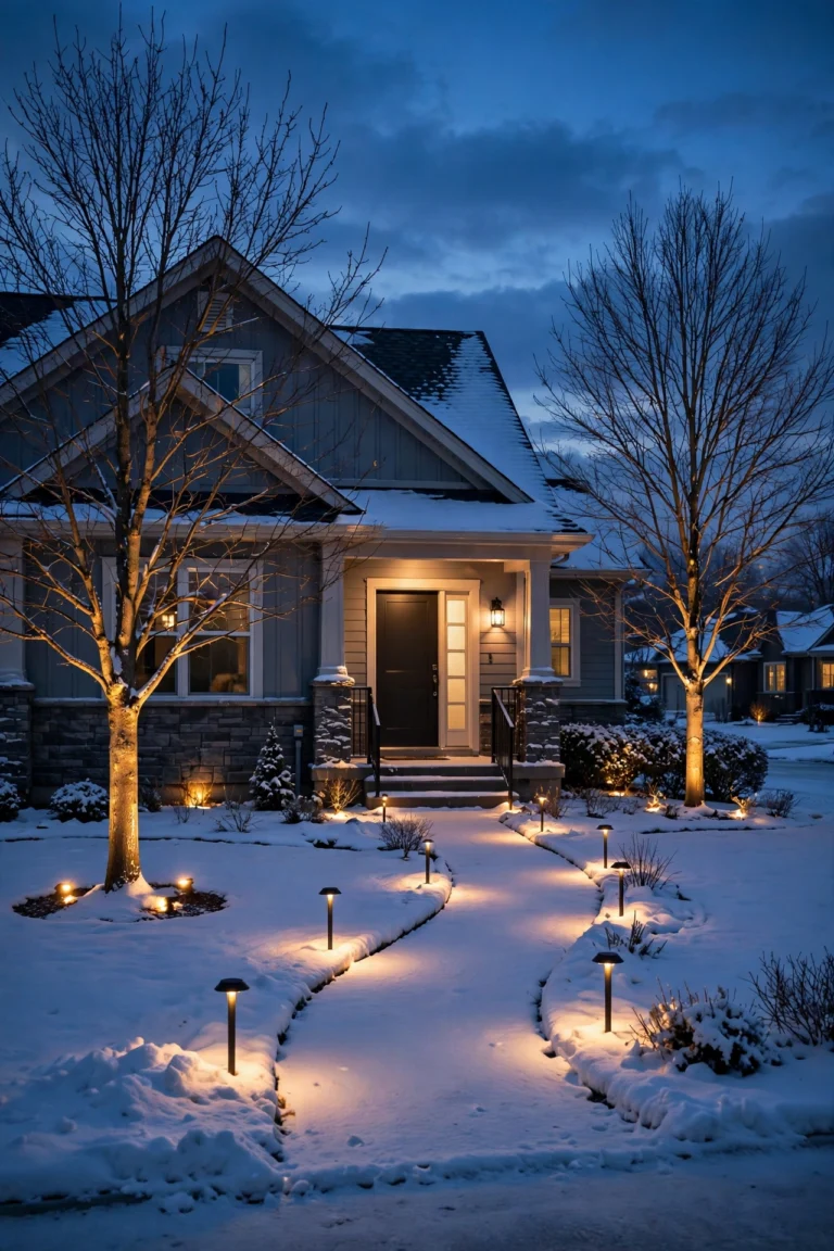 Snow-covered suburban backyard at dusk glowing with warm winter landscape lighting on trees and pathways