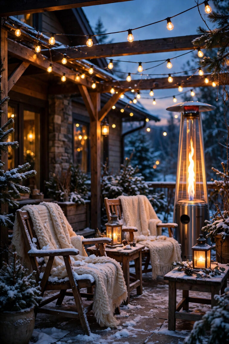 Cozy winter patio at dusk with warm string lights overhead, a glowing patio heater, lanterns on side tables, and snow-dusted chairs with wool blankets