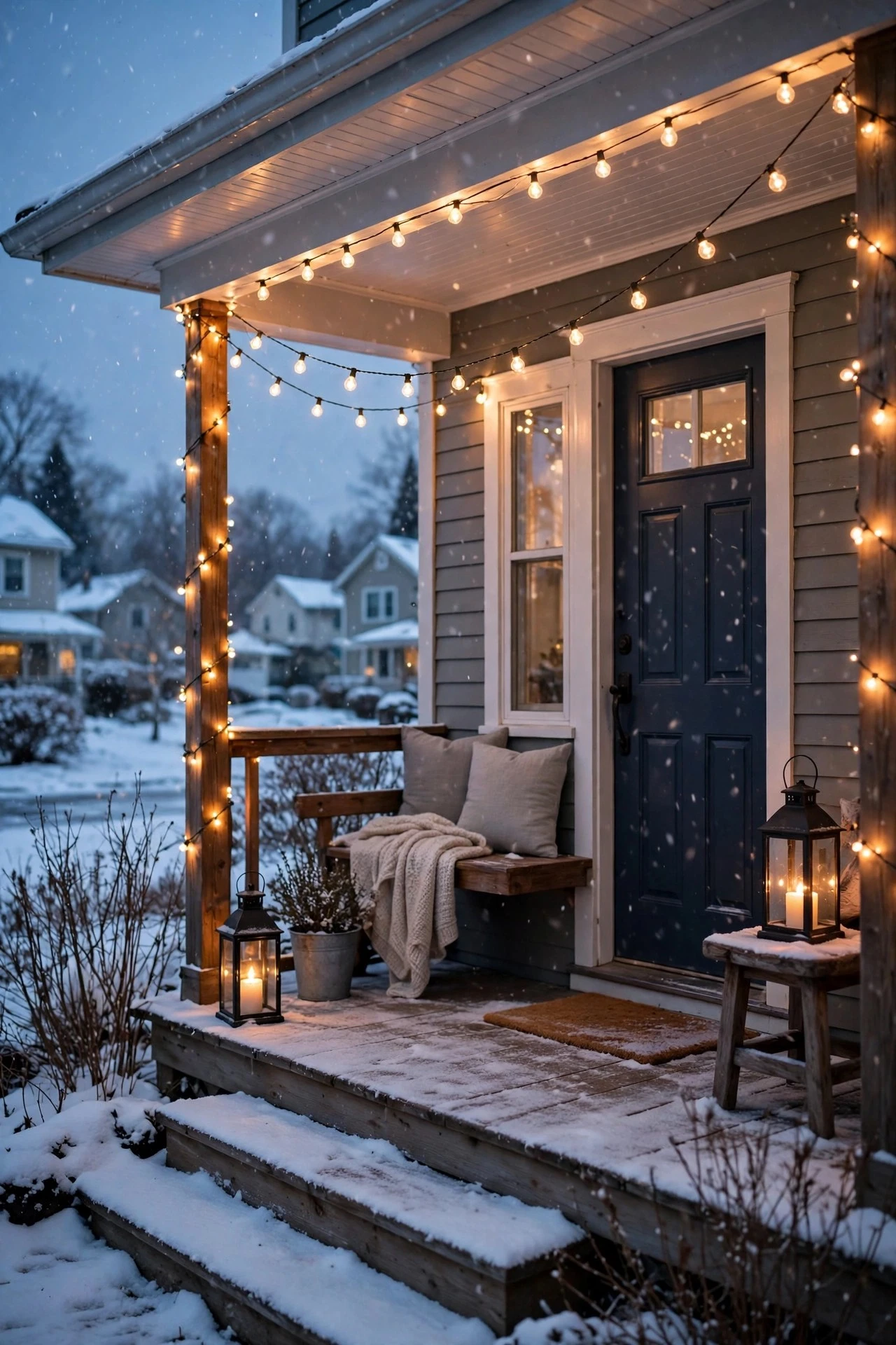Cozy winter porch glowing with warm white fairy lights and flickering lanterns on a snowy January evening