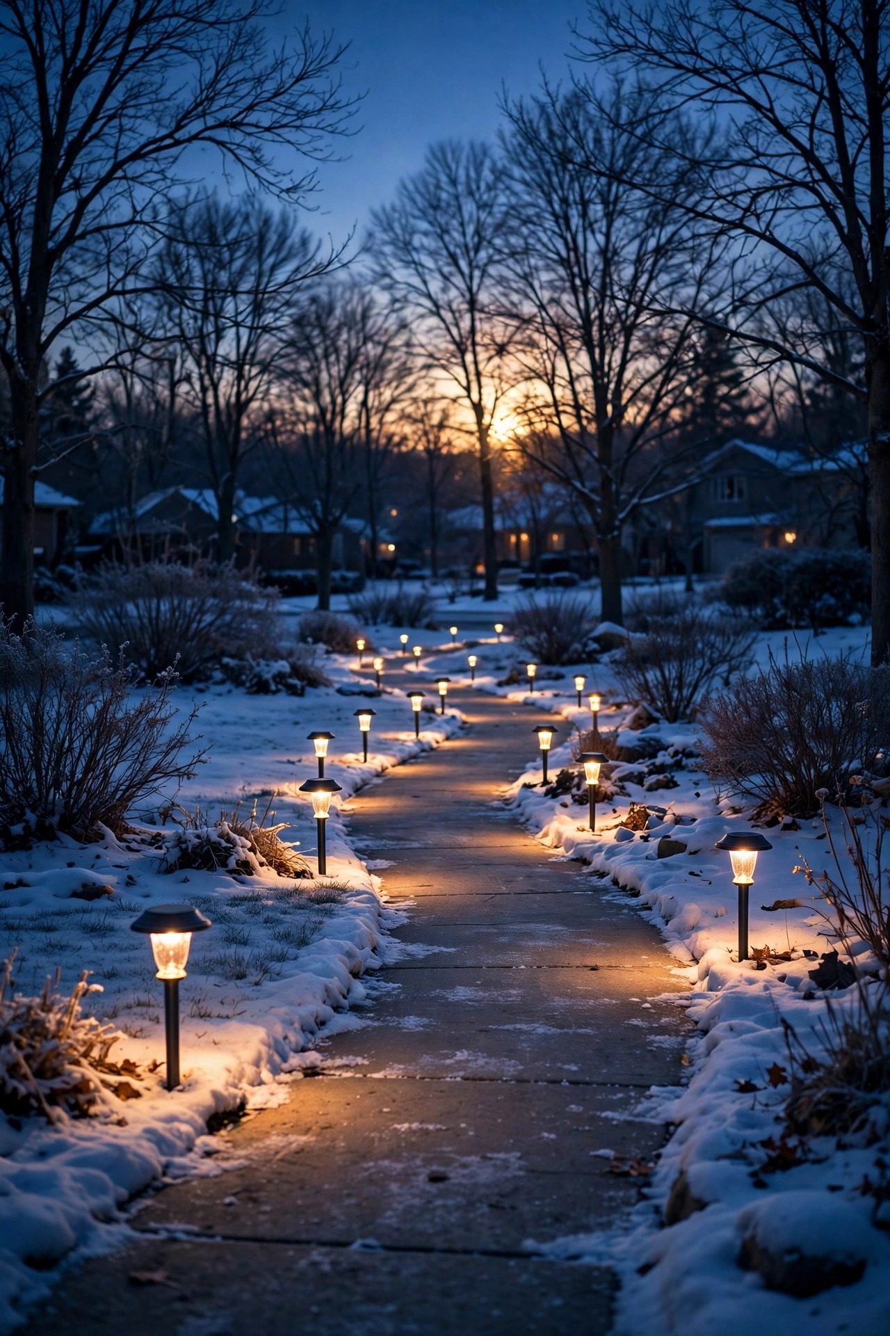 Solar path lights glowing warm along a snow-edged suburban walkway at dusk in deep winter, low sun fading behind bare trees